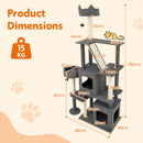 Dimensions of the 1.8m tall grey cat tree with scratching posts, featuring 7 levels and 2 condos for indoor cats.