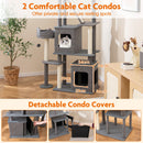 Tall grey cat tree featuring 2 cozy condos, scratching posts, and a top perch for indoor cats' play and relaxation.