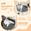 Cozy top perch and side cat bed of a 1.8m tall grey cat tree, designed for lounging and comfort for indoor cats.