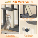 Tall grey cat tree with 4 scratching posts, 2 condos, and plush dangling balls for indoor cat play and relaxation.