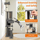 Tall grey cat tree with scratching posts, featuring 2 condos and a cozy top perch for indoor cats' play and relaxation.