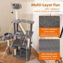 Tall grey cat tree with 7 levels, 2 condos, and scratching posts for indoor cats, enhancing play and comfort.