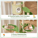 Multi-level cat tower with two green condos and two hammocks for cozy lounging and scratching fun.