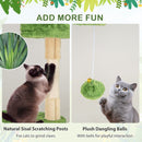Cat tree with natural sisal scratching posts and plush dangling balls, designed for entertainment and relaxation.