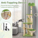 Multi-level green cat tree tower with two condos, two hammocks, and anti-toppling device for stability and safety.