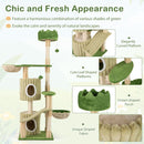 Multi-level green cat tree with two condos, two hammocks, and sisal scratching posts for relaxation and play.