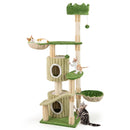 Multi-level green kitten tower with two condos, two hammocks, and sisal scratching posts for playful relaxation.