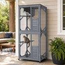 Large outdoor cat enclosure on wheels with weatherproof roof, featuring 4 levels for play and rest, ideal for 2-3 cats.
