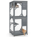 Large grey outdoor cat enclosure on wheels with a weatherproof roof, featuring 4 levels for 2-3 cats to play and rest.