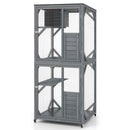 Large outdoor cat enclosure in grey with 4 levels, weatherproof roof, and wheels for easy mobility and access.