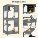 Dimensions of the 182.5 cm large outdoor cat enclosure in grey, featuring four levels and a weatherproof roof for 2-3 cats.