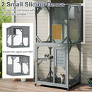 Large grey outdoor cat enclosure on wheels with 4 levels, weatherproof roof, and 2 sliding doors for easy access.