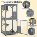 Large outdoor cat enclosure in grey features 4 levels, weatherproof roof, and universal wheels for easy mobility.