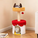 Christmas cat tree with cozy perch and condo in vibrant red, orange, and yellow, perfect for festive feline fun.