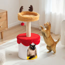Christmas cat tree with cozy perch and condo, featuring vibrant colors and playful antlers for festive feline fun.