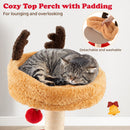 Cozy top perch with padding on a Christmas cat tree, featuring playful antlers and a removable cushion for easy.