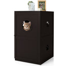 2-tier litter box enclosure in dark finish with round entrance, providing a cozy space for cats and a stylish side.