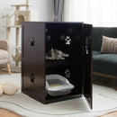 2-tier litter box enclosure in dark wood with paw-print vents, providing a private space for cats and serving as a side.
