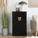 2-tier litter box enclosure in black with round entrance hole, ideal for cat privacy and stylish home storage.