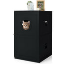 2-tier litter box enclosure in black with round entrance hole, providing privacy and ventilation for your kitten.