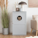 2-tier grey litter box enclosure with round entrance hole, perfect for cat privacy and stylish home decor.