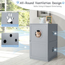 2-tier grey litter box enclosure with anti-toppling system, featuring ventilation holes and a round entrance for cats.