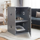 2-tier grey litter box enclosure with paw-print vents, providing a cozy space for cats and practical storage for home.