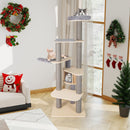 Multi-level cat tree with comfy padded top perch in grey, ideal for small spaces, featuring a cozy hammock and.