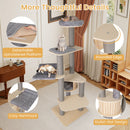 Multi-level cat tree with cozy hammock and padded top perch in grey, perfect for small apartments and feline leisure.