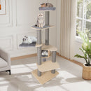 Multi-level cat tree with comfy padded top perch in grey, featuring cozy hammocks and sturdy scratching posts for cats.