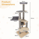 Multi-level cat tree with dimensions, featuring a comfy padded top perch and sturdy scratching posts, ideal for small.