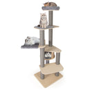 Multi-level cat tree with comfy padded top perch, featuring a cozy hammock and sturdy scratching posts for playful cats.