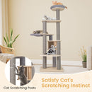 Multi-level cat tree with scratching posts and cozy hammock, perfect for small apartments and feline relaxation.