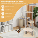 Multi-level cat tree with grey padded top perch, cozy hammock, and sturdy scratching posts, perfect for small spaces.