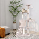 140 cm cat tree with scratching post, hammock, and platforms, covered in beige plush for comfortable cat lounging.