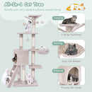 140 cm cat tree with two platforms, hammock, and scratching post, designed for climbing, resting, and playing.