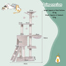 140 cm cat tree with two platforms, hammock, and scratching post, covered in soft beige plush for cat comfort.