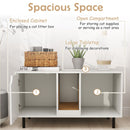 Cat litter box enclosure in white with enclosed cabinet, open compartment, and large tabletop for stylish pet storage.