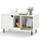Cat litter box enclosure in white with open storage compartment and decorative cat entry points, enhancing your home's.