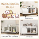 Cat litter box enclosure in white with storage, featuring a removable scratching board for stylish pet care.