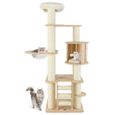 Tall wooden cat tree with cozy perch, multiple resting spots, and sturdy construction for indoor cats and kittens.