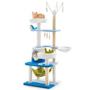 Multi-level ocean-themed cat tree with plush perches, hammock, and sisal scratching posts for active multi-cat.