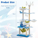 Multi-level ocean-themed cat tree with plush perches, hammock, and sisal scratching posts for active kittens.