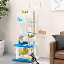 Multi-level ocean-themed cat tree with plush perches, hammock, and sisal scratching posts for active play and rest.