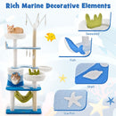 Multi-level ocean-themed cat tree with sisal scratching posts, plush perches, and marine decorations for playful cats.