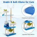 Multi-level ocean-themed cat tree with sisal scratching posts, featuring plush perches and a stable base for multiple.