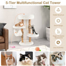 5-tier wooden cat tree with jute scratching posts, featuring a cozy hammock and multiple platforms for playful.