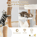 Wooden cat tree with jute scratching posts, 87 cm tall, featuring multiple resting areas for playful kittens.