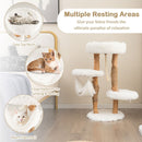 Wooden cat tree with cozy top perch, warm hammock, and jute scratching posts for playful kittens' relaxation.