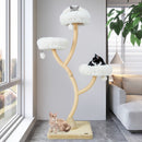 Multi-level 178cm cat activity center in beige with three plush perches and jingling balls for playful relaxation.